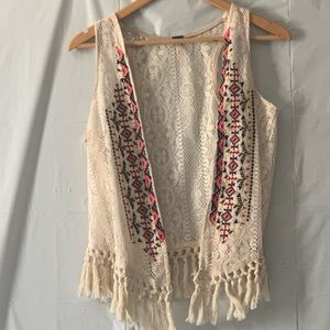 Poof Small Bohomian Aztec Print Lacey  Fringe Shawl/Vest